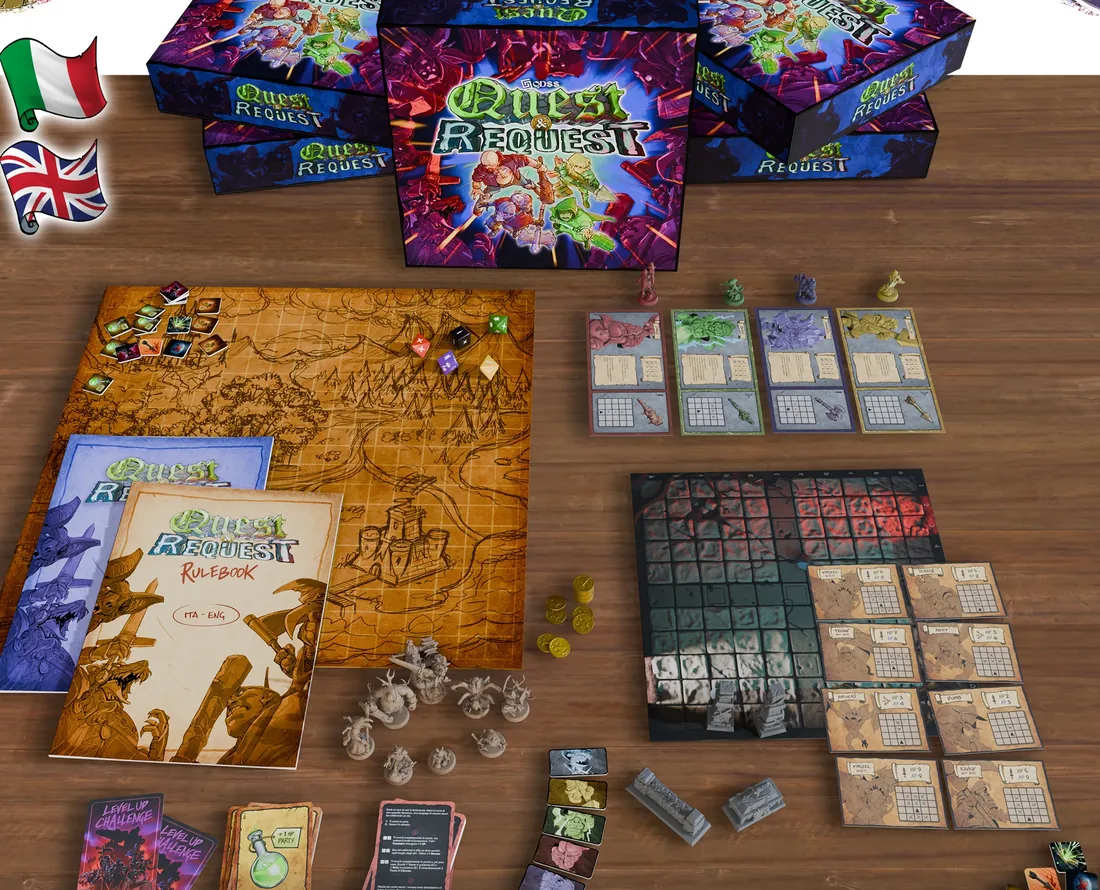 La Mappa dell'Avventura di Quest & Request con miniature, carte e componenti