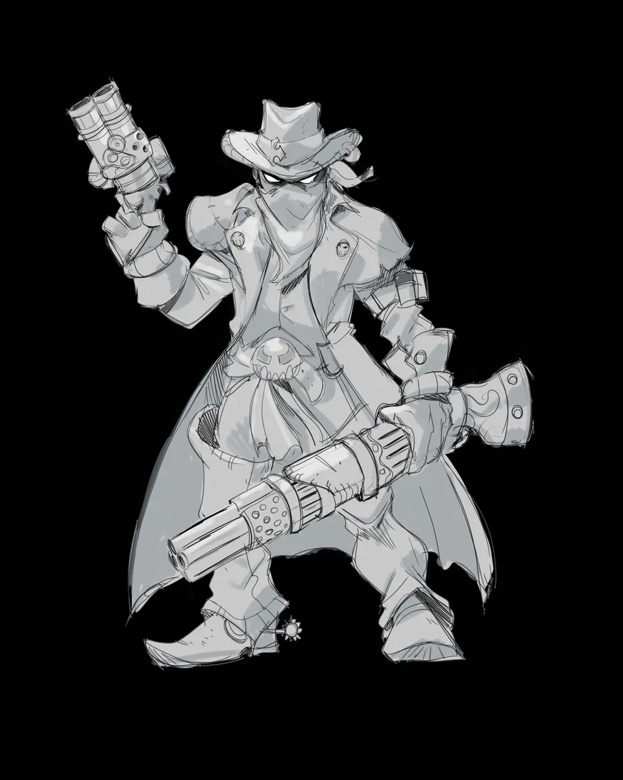 Lo sketch di Grief, il Legendary Raider: un pistolero con cappello e due grosse armi da fuoco